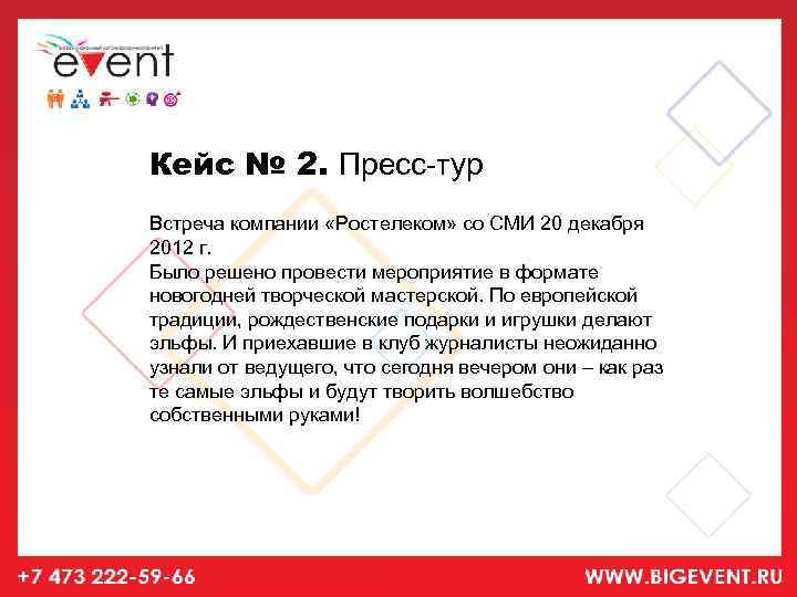 Кейс № 2. Пресс-тур Встреча компании «Ростелеком» со СМИ 20 декабря 2012 г. Было