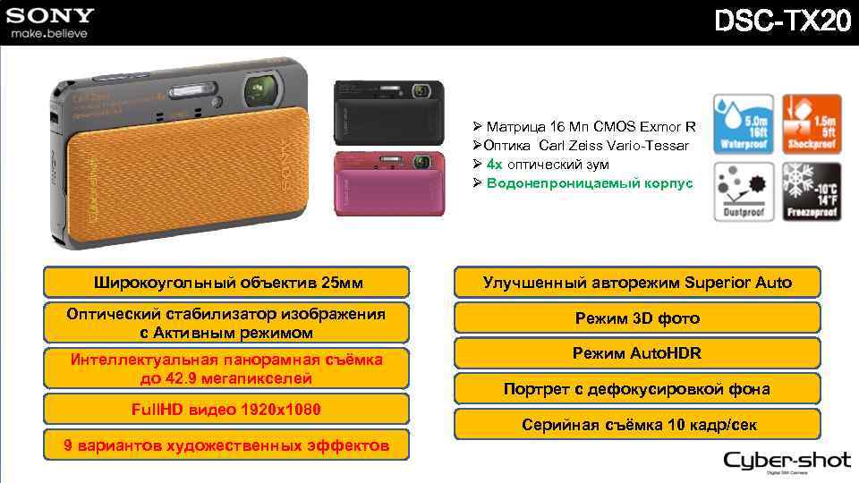 DSC-TX 20 Ø Матрица 16 Мп CMOS Exmor R ØОптика Carl Zeiss Vario-Tessar Ø