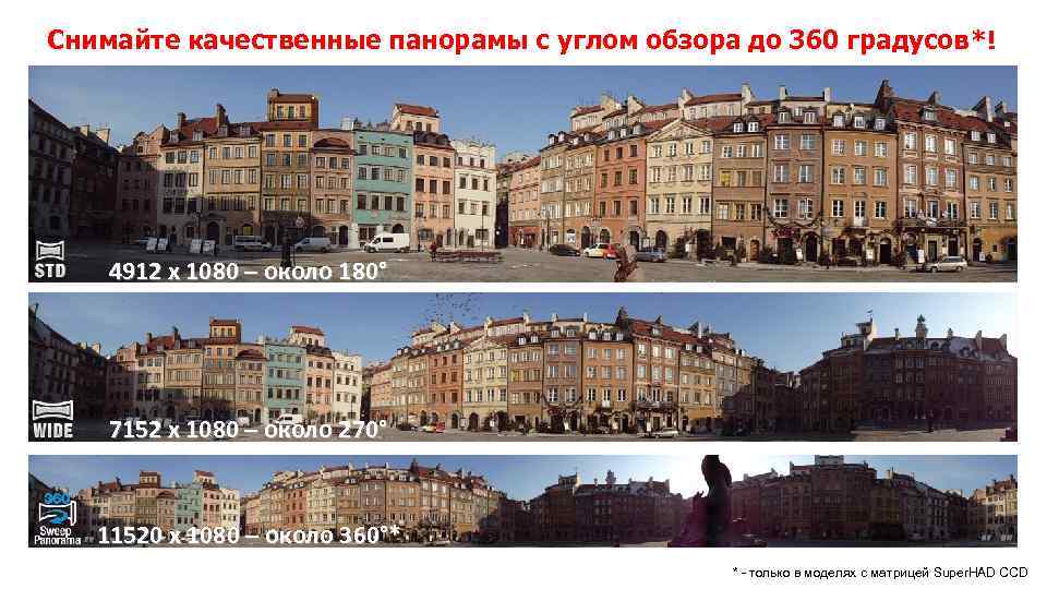 Снимайте качественные панорамы с углом обзора до 360 градусов*! 4912 x 1080 – около