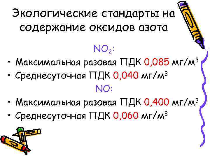 Экологические стандарты на содержание оксидов азота • • NO 2: Максимальная разовая ПДК 0,