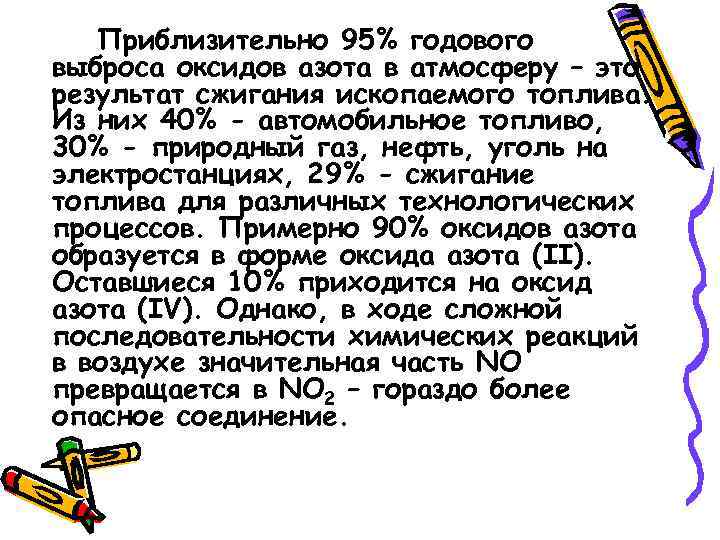 Приблизительно 95% годового выброса оксидов азота в атмосферу – это результат сжигания ископаемого топлива.