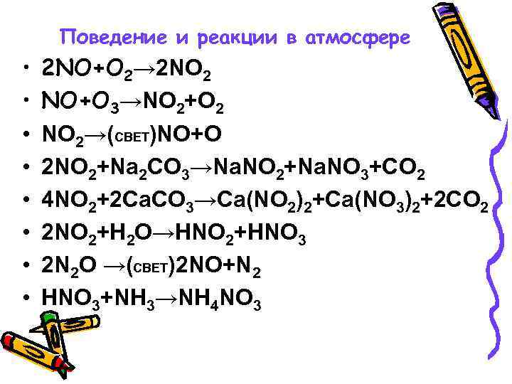 Поведение и реакции в атмосфере • • 2 NO+O 2→ 2 NO 2 NO+O