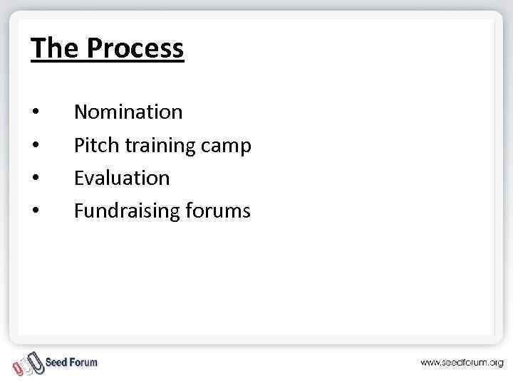 The Process • • Nomination Pitch training camp Evaluation Fundraising forums 