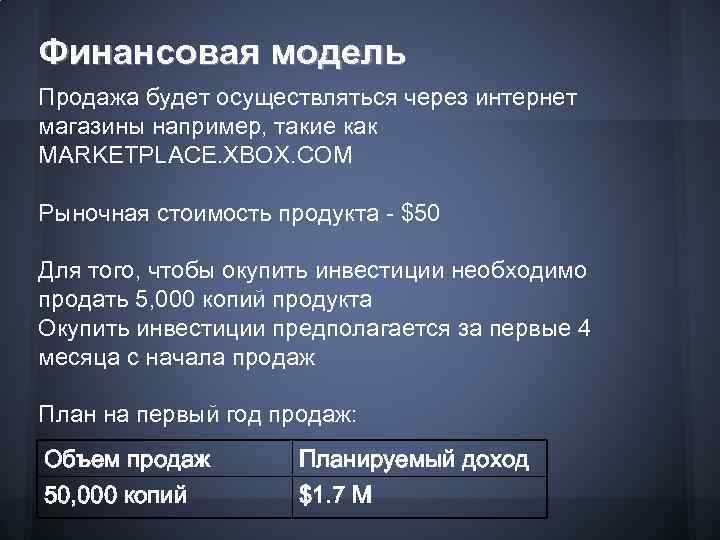 Финансовая модель Продажа будет осуществляться через интернет магазины например, такие как MARKETPLACE. XBOX. COM