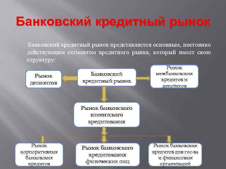 Банковский кредитный рынок представляется основным, постоянно действующим сегментом кредитного рынка, который имеет свою структуру: