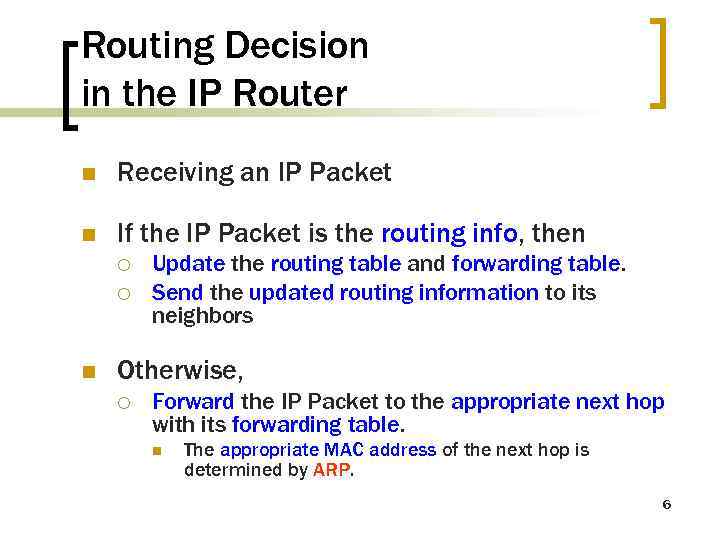 Routing Decision in the IP Router n Receiving an IP Packet n If the