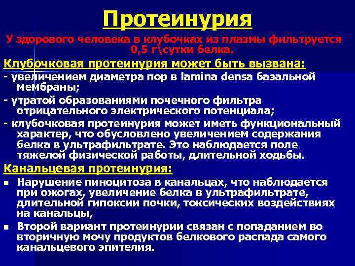 Протеинурия У здорового человека в клубочках из плазмы фильтруется 0, 5 гсутки белка. Клубочковая