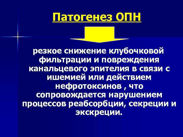 Патогенез ОПН резкое снижение клубочковой фильтрации и повреждения канальцевого эпителия в связи с ишемией