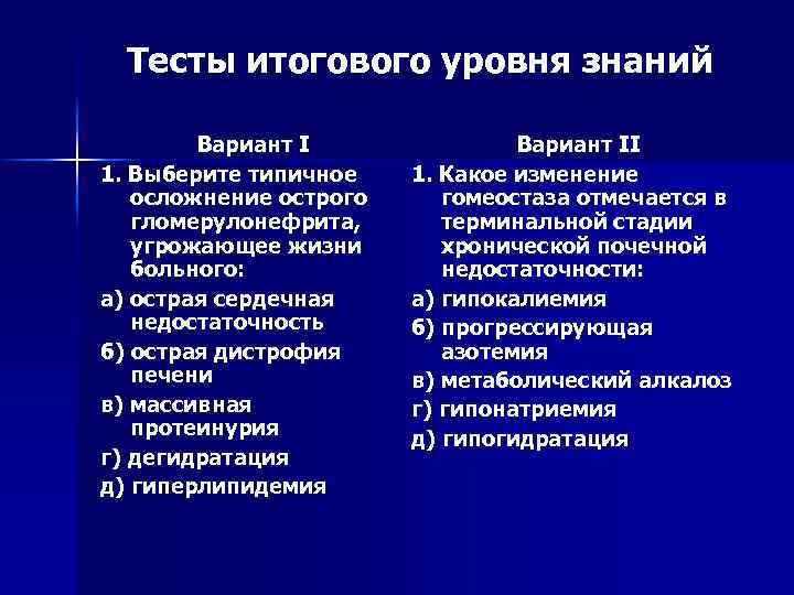 Тесты итогового уровня знаний Вариант I 1. Выберите типичное осложнение острого гломерулонефрита, угрожающее жизни