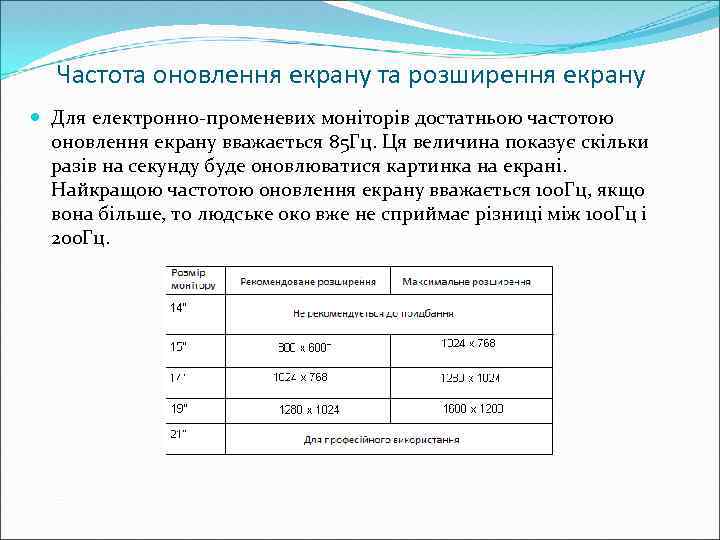 Частота оновлення екрану та розширення екрану Для електронно-променевих моніторів достатньою частотою оновлення екрану вважається