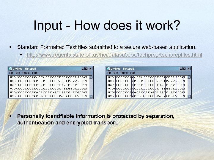 Input - How does it work? • Standard Formatted Text files submitted to a