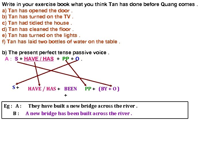 Write in your exercise book what you think Tan has done before Quang comes.