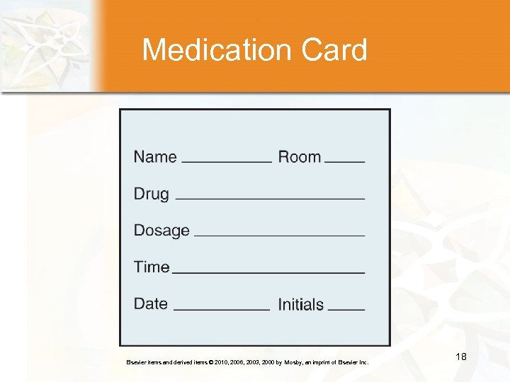 Medication Card Elsevier items and derived items © 2010, 2006, 2003, 2000 by Mosby,