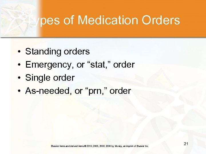 Types of Medication Orders • • Standing orders Emergency, or “stat, ” order Single