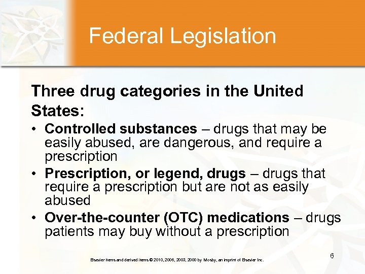 Federal Legislation Three drug categories in the United States: • Controlled substances – drugs