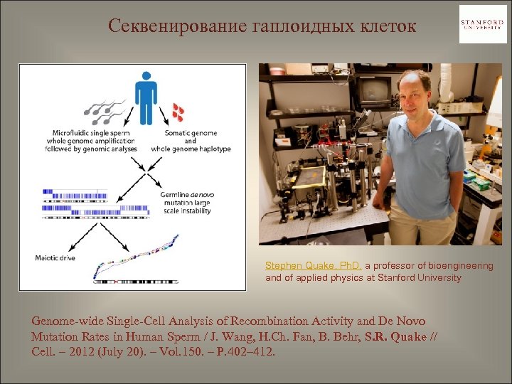 Cеквенирование гаплоидных клеток Stephen Quake, Ph. D, a professor of bioengineering and of applied