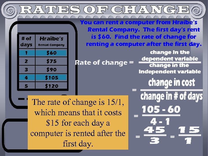 # of days Rental Company 1 $60 2 $75 3 $90 4 $105 5