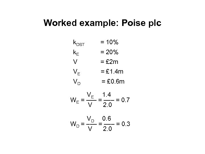 Worked example: Poise plc k. DBT = 10% k. E = 20% V =