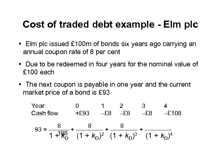 Cost of traded debt example - Elm plc • Elm plc issued £ 100