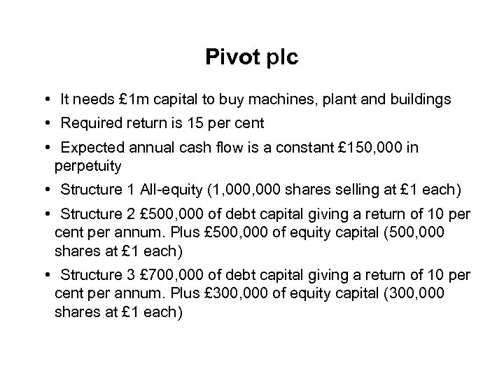 Pivot plc • It needs £ 1 m capital to buy machines, plant and