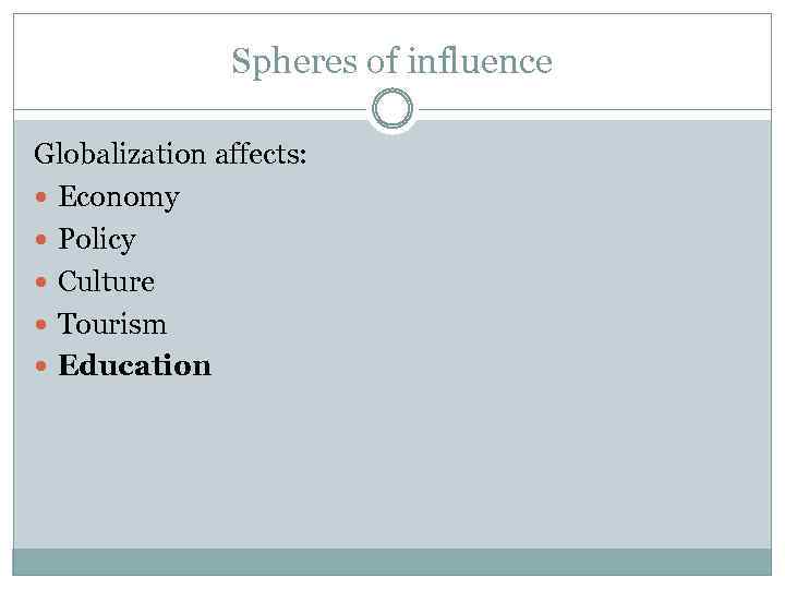 Spheres of influence Globalization affects: Economy Policy Culture Tourism Education 