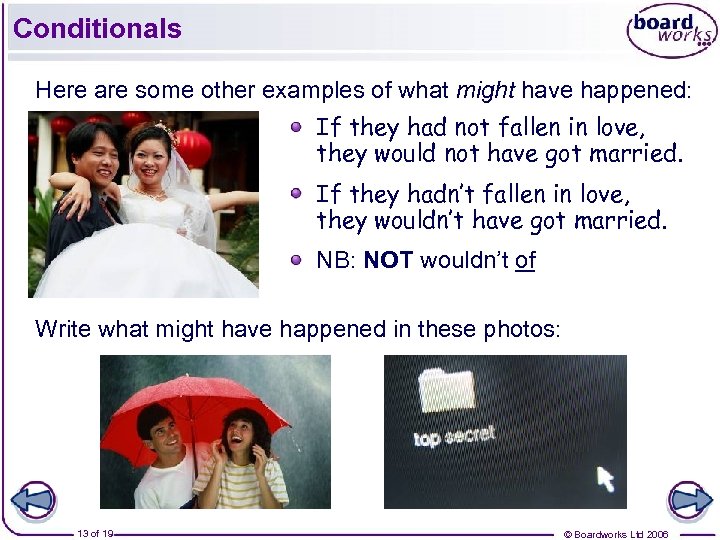 Conditionals Here are some other examples of what might have happened: If they had