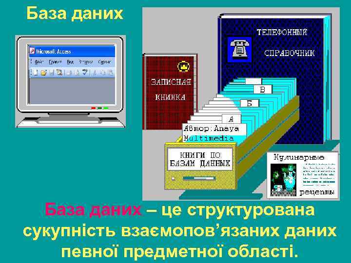 База даних – це структурована сукупність взаємопов’язаних даних певної предметної області. 