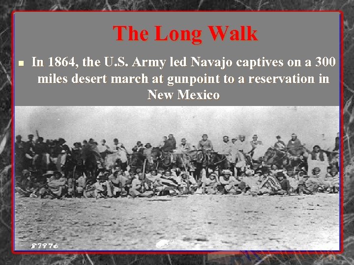 The Long Walk n In 1864, the U. S. Army led Navajo captives on