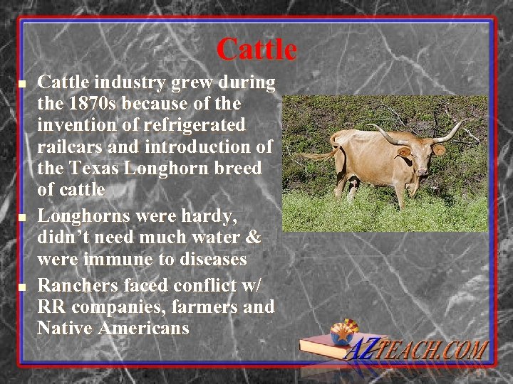 Cattle n n n Cattle industry grew during the 1870 s because of the