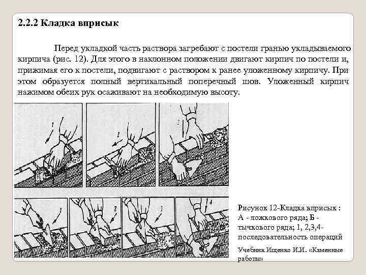 2. 2. 2 Кладка вприсык Перед укладкой часть раствора загребают с постели гранью укладываемого