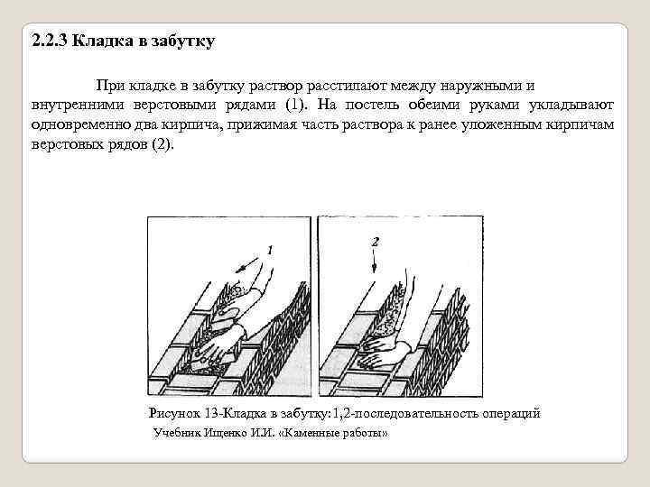 2. 2. 3 Кладка в забутку При кладке в забутку раствор расстилают между наружными