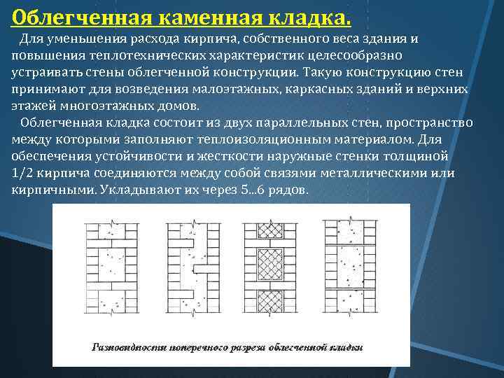 Облегченная каменная кладка. Для уменьшения расхода кирпича, собственного веса здания и повышения теплотехнических характеристик