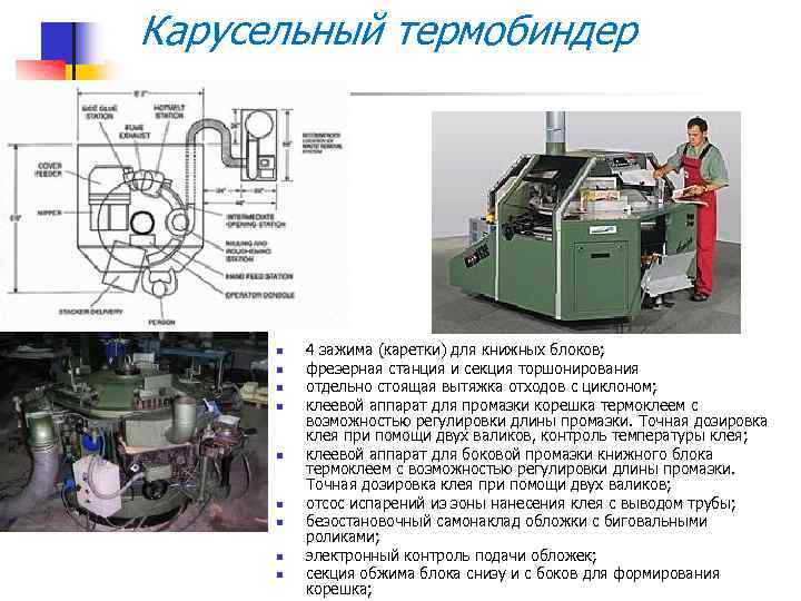 Карусельный термобиндер n n n n n 4 зажима (каретки) для книжных блоков; фрезерная