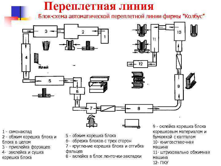 Переплетная линия Блок-схема автоматической переплетной линии фирмы "Колбус" 1 - самонаклад 2 - обжим