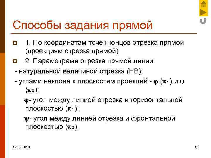 Способы задания прямой 1. По координатам точек концов отрезка прямой (проекциям отрезка прямой). p