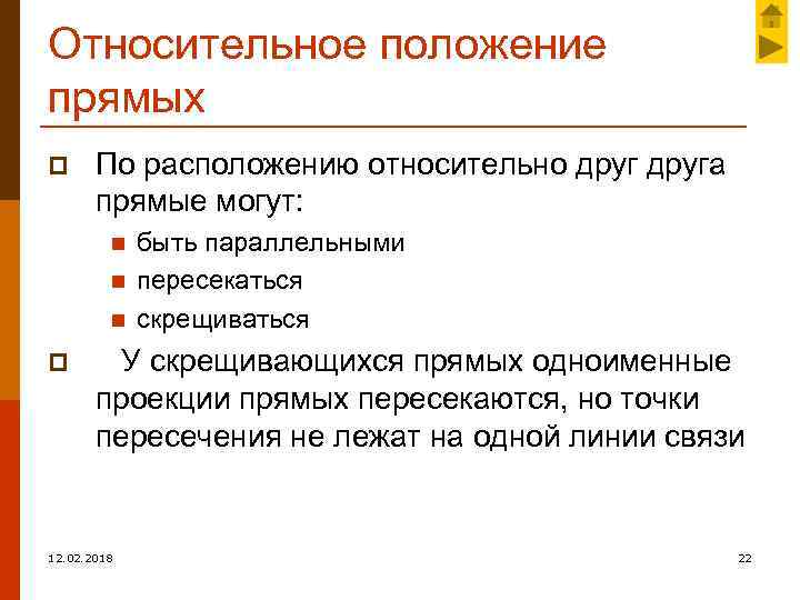 Относительное положение прямых p По расположению относительно друга прямые могут: n n n p