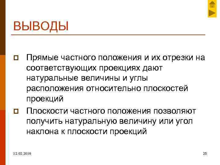 ВЫВОДЫ p p Прямые частного положения и их отрезки на соответствующих проекциях дают натуральные