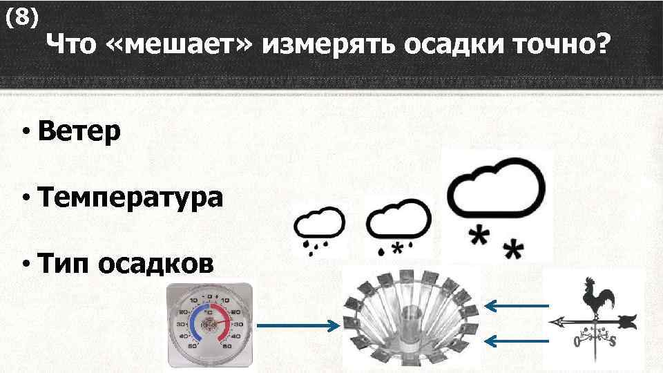 (8) Что «мешает» измерять осадки точно? • Ветер • Температура • Тип осадков 