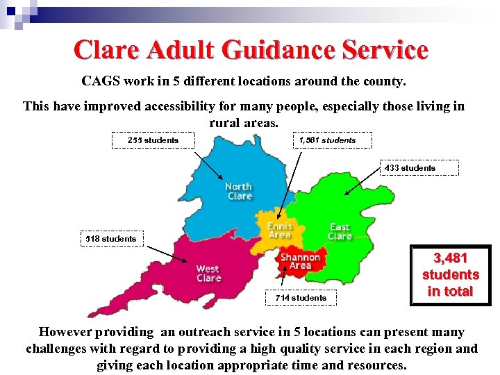 Clare Adult Guidance Service CAGS work in 5 different locations around the county. This