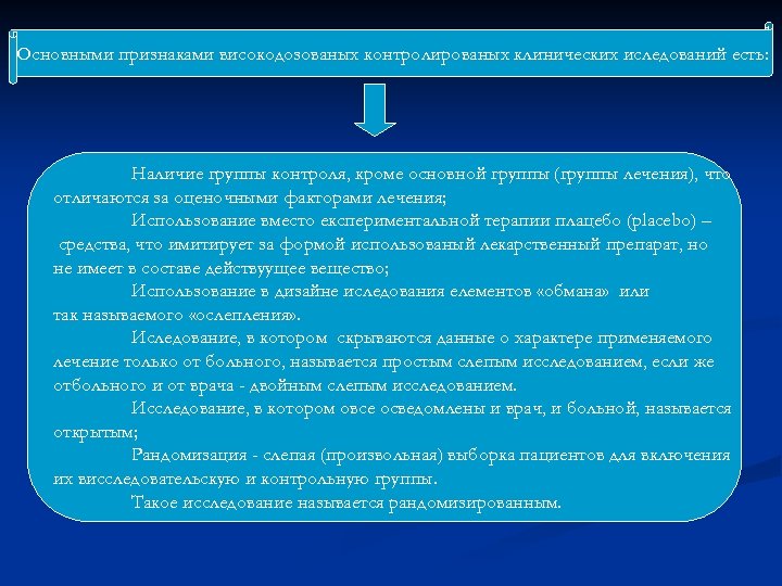 Основными признаками високодозованых контролированых клинических иследований есть: Наличие группы контроля, кроме основной группы (группы