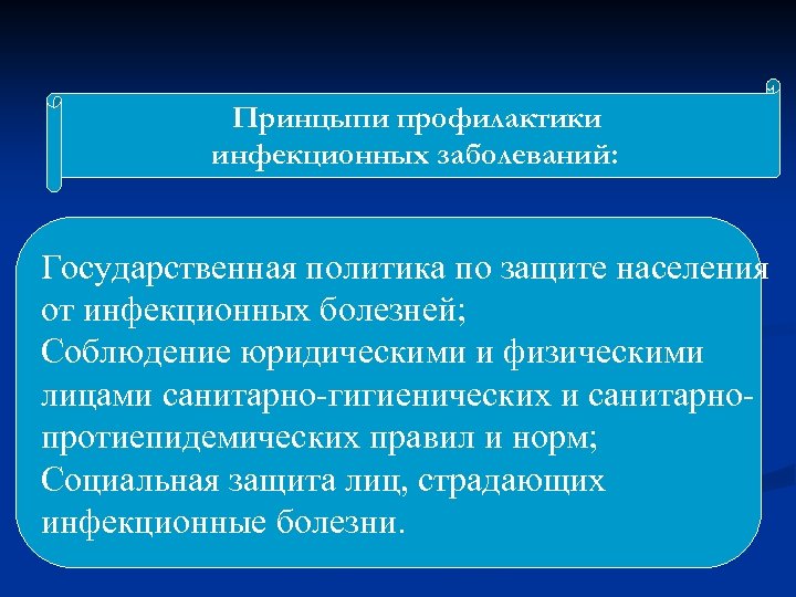 Принцыпи профилактики инфекционных заболеваний: Государственная политика по защите населения от инфекционных болезней; Соблюдение юридическими