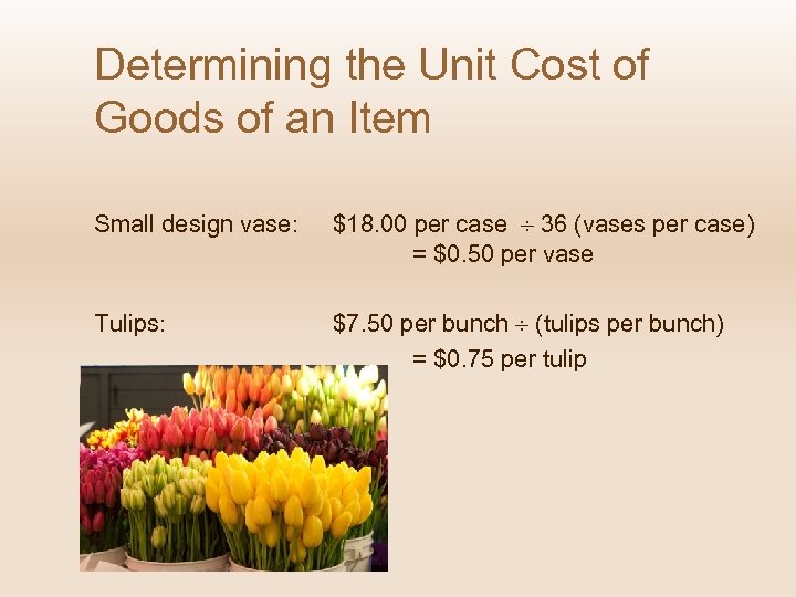 Determining the Unit Cost of Goods of an Item Small design vase: $18. 00