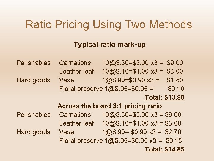 Ratio Pricing Using Two Methods Typical ratio mark-up Perishables Hard goods Carnations 10@$. 30=$3.