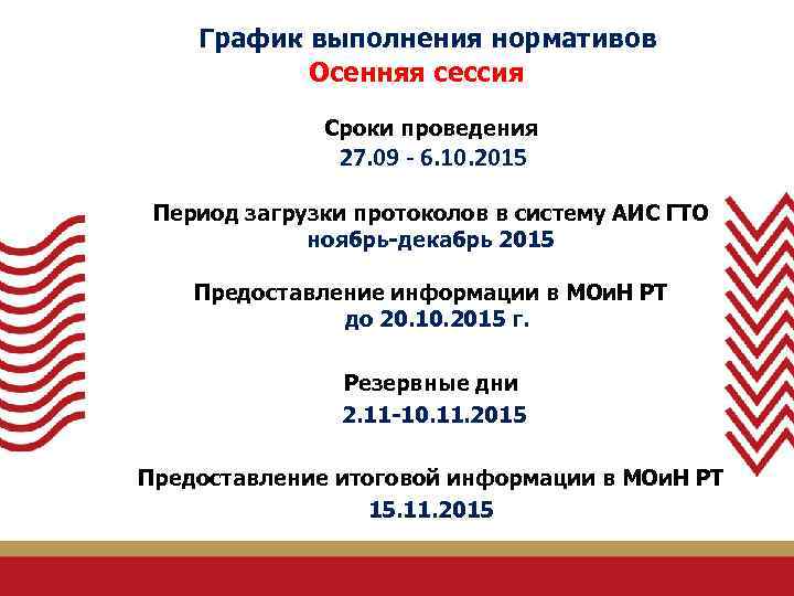 График выполнения нормативов Осенняя сессия Сроки проведения 27. 09 - 6. 10. 2015 Период