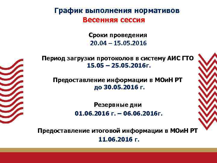 График выполнения нормативов Весенняя сессия Сроки проведения 20. 04 – 15. 05. 2016 Период