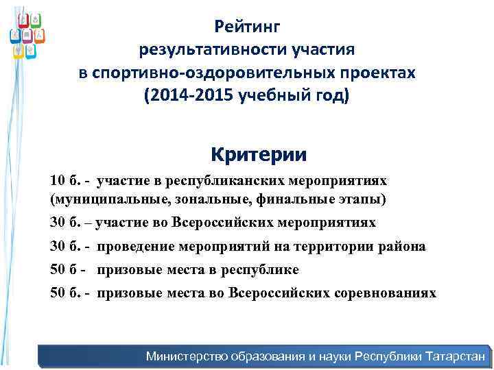 Рейтинг результативности участия в спортивно-оздоровительных проектах (2014 -2015 учебный год) Критерии 10 б. -
