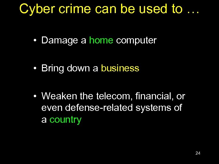 Cyber crime can be used to … • Damage a home computer • Bring