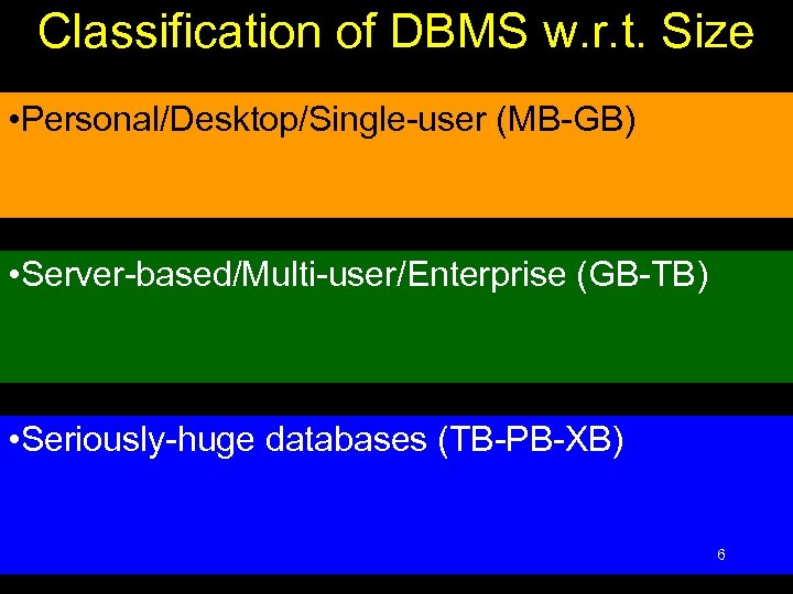 Classification of DBMS w. r. t. Size • Personal/Desktop/Single-user (MB-GB) • Server-based/Multi-user/Enterprise (GB-TB) •