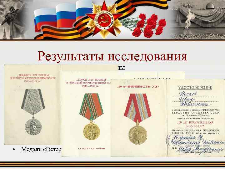 Результаты исследования Награды, полученные после войны • • • Медаль « 20 лет Победы