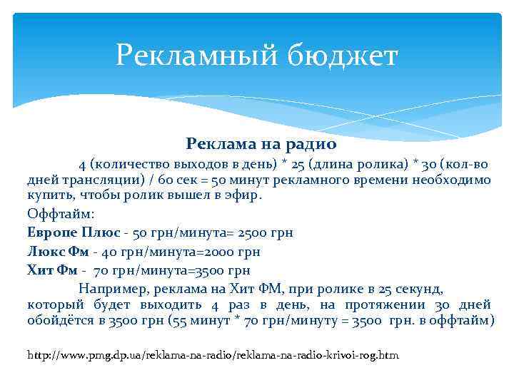 Рекламный бюджет Реклама на радио 4 (количество выходов в день) * 25 (длина ролика)